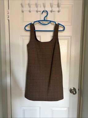 Babaton Brown Plaid Mini Shift Dress